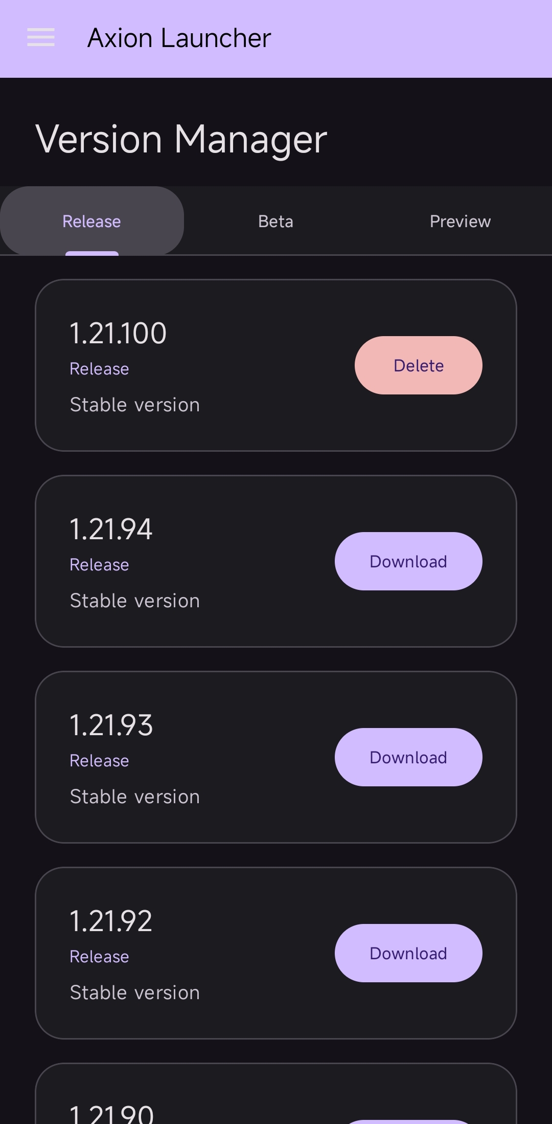 Version Manager UI Screenshot